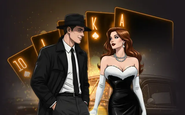 Wanted Win casino artwork with a couple in front of glowing playing cards