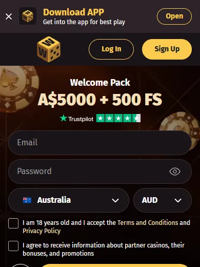 Wanted Win login screen on a phone with Log In and Sign Up buttons Wanted Win login screen on a phone with Log In and Sign Up buttons